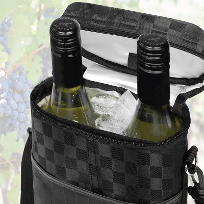 Checkered Black Insulated 2 Bottle Wine Carrier Tote