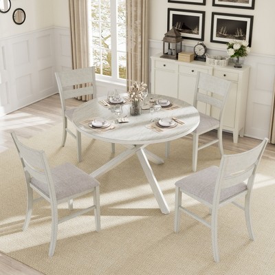 VECELO Rustic 5-Piece Dining Table Set, Rubber Wood Round Table and 4 Armless Upholstered Dining Chairs for Kitchen, Gray