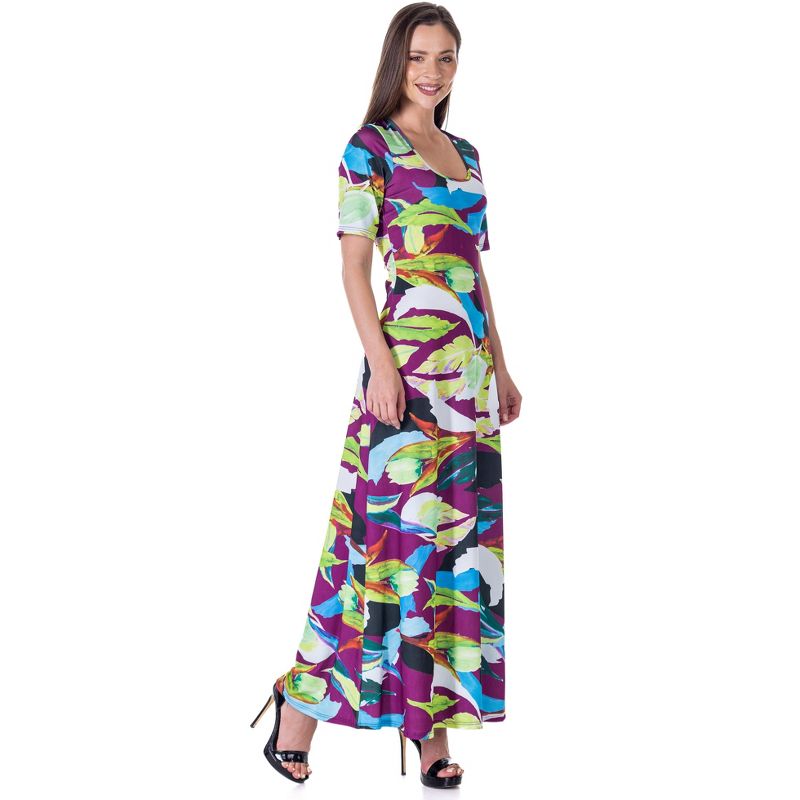 24seven Comfort Apparel Womens Multicolor Floral Print Elbow Sleeve Casual A Line Maxi Dress, 2 of 9