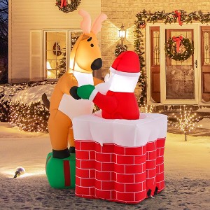 Costway 5 FT Christmas Inflatable Liftable Santa Claus Climbing Chimney Reindeer on Gift - 1 of 4