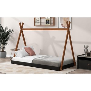 NicBex Twin Size Wood Tent Montessori Bed with Triangle Structure,Floor Bed with X-Shaped Safety Railings,Modern Toddler Bed for Bedroom - 1 of 4