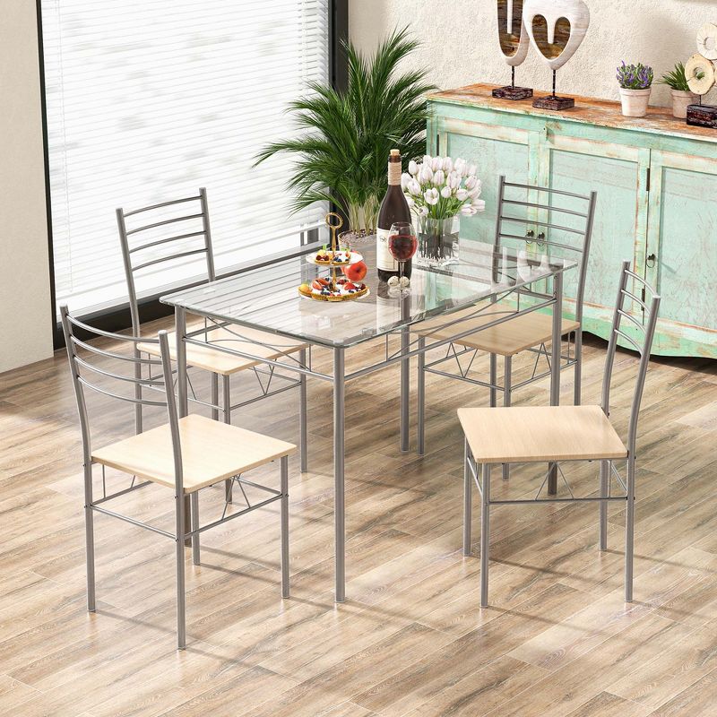 Costway 5 Piece Dining Set Table and 4 Chairs Glass Top Kitchen Breakfast Furniture Brown, 2 of 11