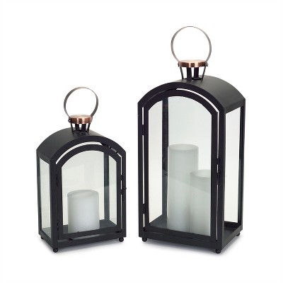 Set of 2 Black Metal Lanterns with Copper Handles