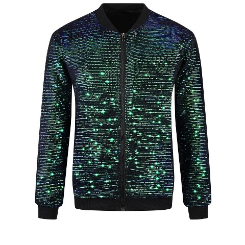 Lars Amadeus Men's Zipper Long Sleeves Party Disco Shiny Sequin Bomber Jacket Multicolor X Large