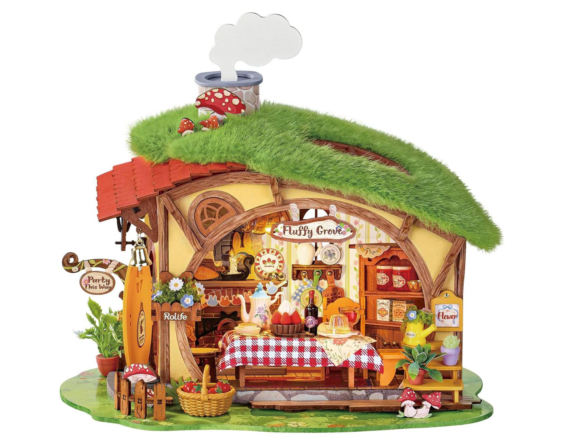 Rolife DIY Miniature House Kit Fluffy Grove Wooden Model Kit Fairy Tale Dollhouse Craft Kit for Adults