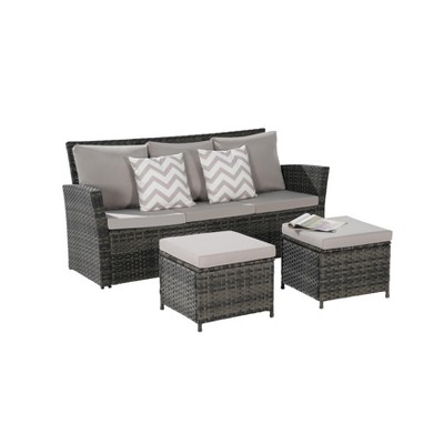 Compact 3-Pc Outdoor Set: Wicker Sofa + Dual Ottomans – Space-Saving for Small Backyards