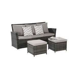 Compact 3-Pc Outdoor Set: Wicker Sofa + Dual Ottomans – Space-Saving for Small Backyards - 1 of 3