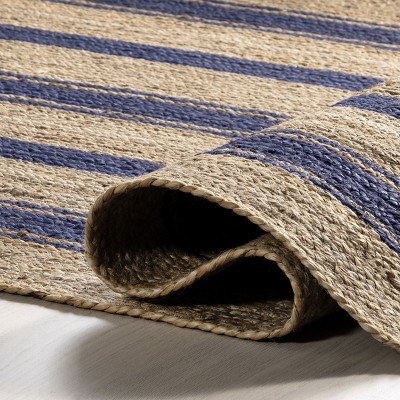 Royal Blue and Natural Jute Striped 6' x 9' Handmade Rug