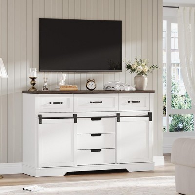 Farmhouse Buffet Cabinet, 47.2” Sideboard Cabinet w/6 Drawer, Rustic Storage Cabinets w/Sliding Barn Door