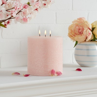 Condition photo showing New/Like New for 6"x6" 3-wick peony & cherry blossom cozy pillar candle pink - threshold™: modern traditional decor, 95hr burn time