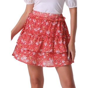 INSPIRE CHIC Women's Layered Ruffle Hem Elastic Waist A-Line Skater Floral Mini Skirt - 1 of 4