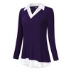 Clearlove Women's Long Sleeve V Neck Contrast Collar Shirt A-line Pleated Office Tunic - 2 of 4