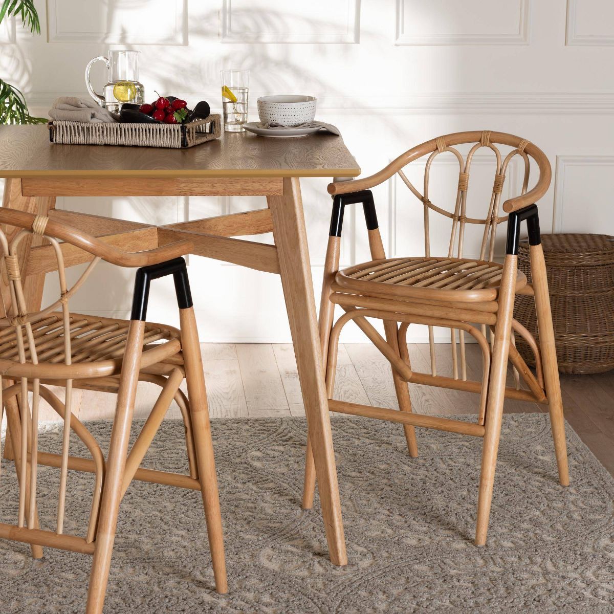 bali & pari Cyntia Rattan Counter Height Barstool Natural Brown/Black: Handcrafted, Bohemian Style, Metal Accents - thumbnail 3