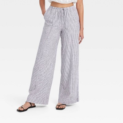 Women's High-Rise Wide Leg Linen Pull-On Pants - A New Day™ Black/White  Striped XS