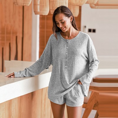 Women's Cozy Gray Ribbed Knit Loungewear Set - Cupshe