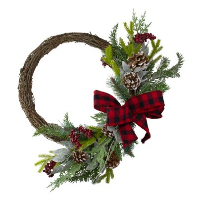 Northlight Icy Winter Foliage and Plaid Bow Artificial Christmas Twig Wreath - 23 inch, Unlit