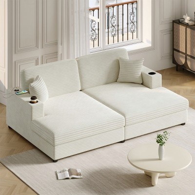 86 Inch Loveseat Sectional Sofa Bed,Corduroy Sleeper Sofa with Two USB Ports,Two Cup Holders and Two Throw Pillows-Maison Boucle