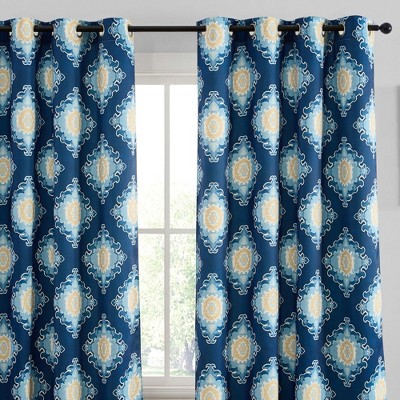 HLC.ME Liam Ogee Ikatt Damask Patterned Window Grommet Curtains Bedroom - Light Reducing Window Panels, Set of 2