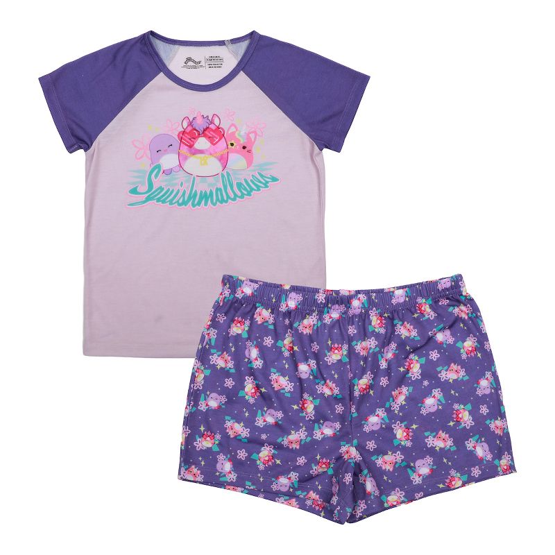 Squishmallows Lola & Friend Youth Girl's 2-Pack Raglan T-shirt & Lounge Shorts Sleep Set, 1 of 4