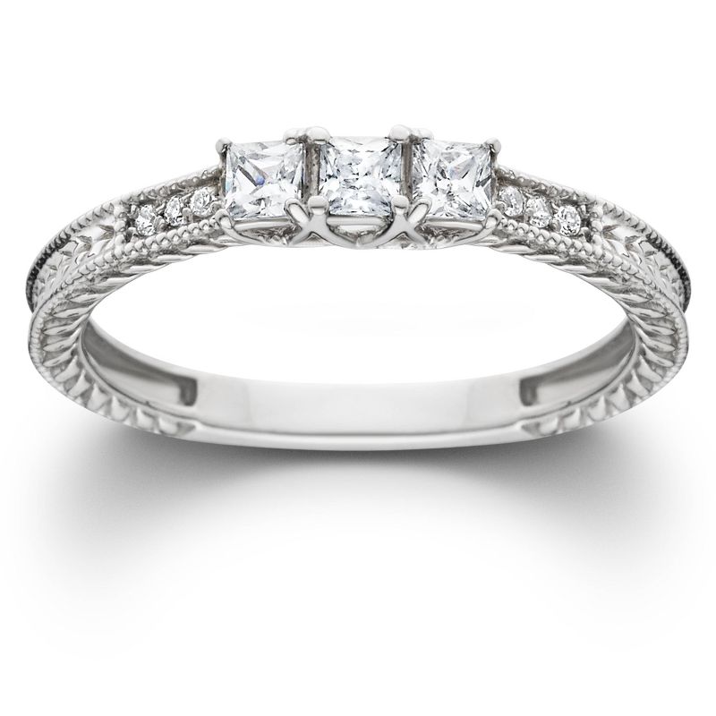 Pompeii3 1/3ct Vintage Three Stone Princess Cut Diamond Engagement Ring 14K White Gold, 1 of 5