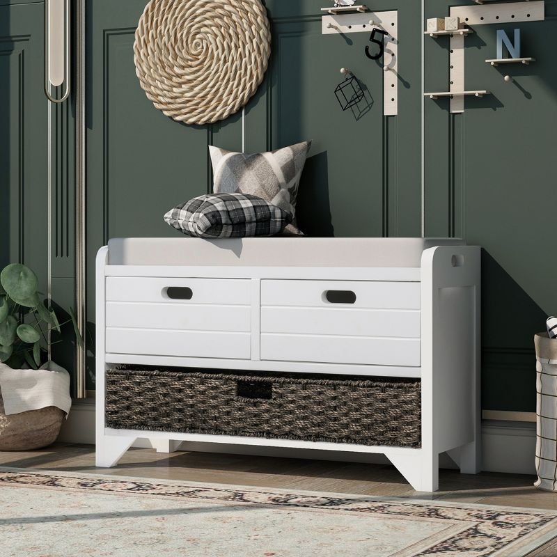 Entryway Storage Bench with Removable Basket and 2 Drawers, Fully Assembled Shoe Bench with Removable Cushion-ModernLuxe, 1 of 11