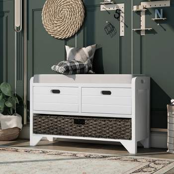 Entryway Storage Bench with Removable Basket and 2 Drawers, Fully Assembled Shoe Bench with Removable Cushion-ModernLuxe