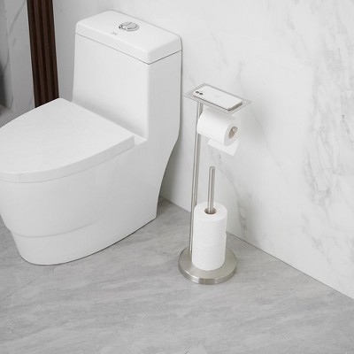 Brushed Nickel Freestanding Toilet Paper Holder with Storage Shelf