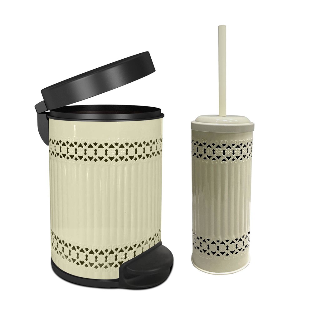 Photos - Waste Bin Laser Cut Ivory Step Garbage Trash Can & Toilet Brush Holder with Lid Ivor