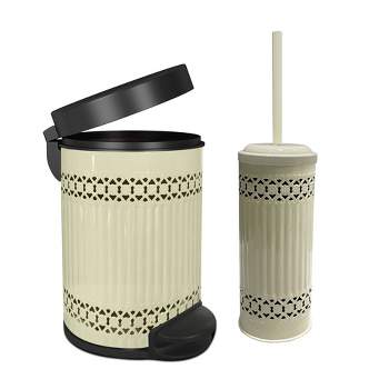 Laser Cut Ivory Step Garbage Trash Can & Toilet Brush Holder with Lid Ivory - Nu Steel