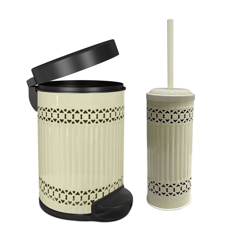 Laser Cut Ivory Step Garbage Trash Can &#38; Toilet Brush Holder with Lid Ivory - Nu Steel, 1 of 10