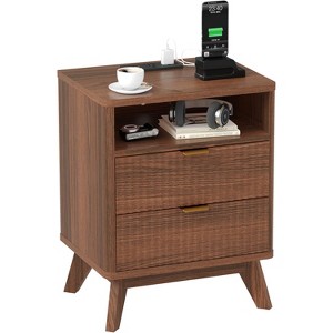 Fluted Nightstand with USB Ports and Outlets, 2 Drawers and Open Shelf Bedside Tables, End Table with Wood Feet for Living Room Bedroom Office - 1 of 4