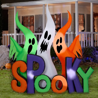 8 ft Tall Multicolor LED Inflatable Ghosts with Spooky Sign