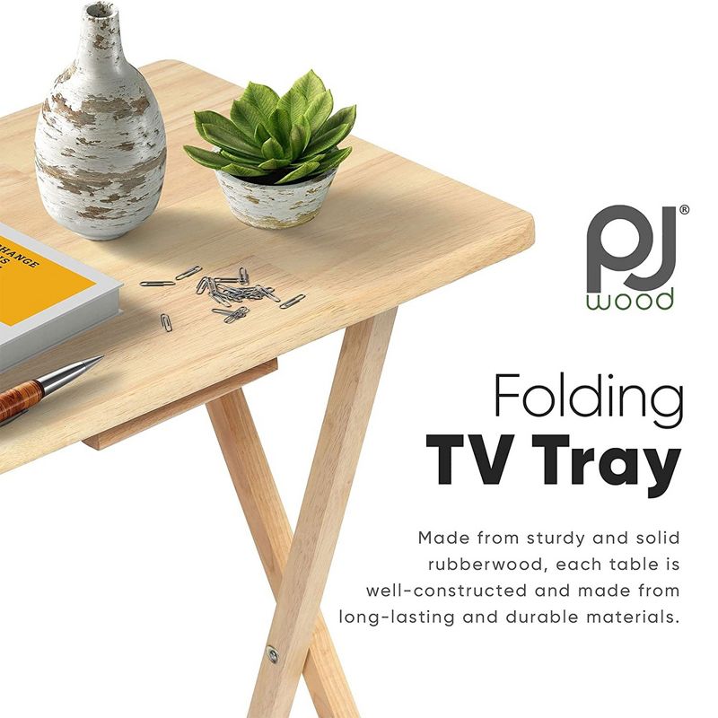 PJ Wood Rectangle Folding Portable TV Snack Serving Tray Table, Solid Wood Construction with Natural Finish, 2 Piece Set, 3 of 7