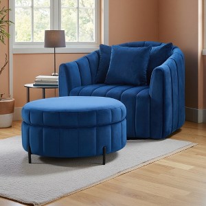 Velvet Oversized Swivel Barrel Chair with Ottoman and Storage - 1 of 3