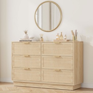 Rattan 6 Drawer Dresser, 47in Wide Natural Oak 6 Chest of Drawers with Metal Handles and Wooden Sturdy Base for Bedroom Living Room Nursery - 1 of 4