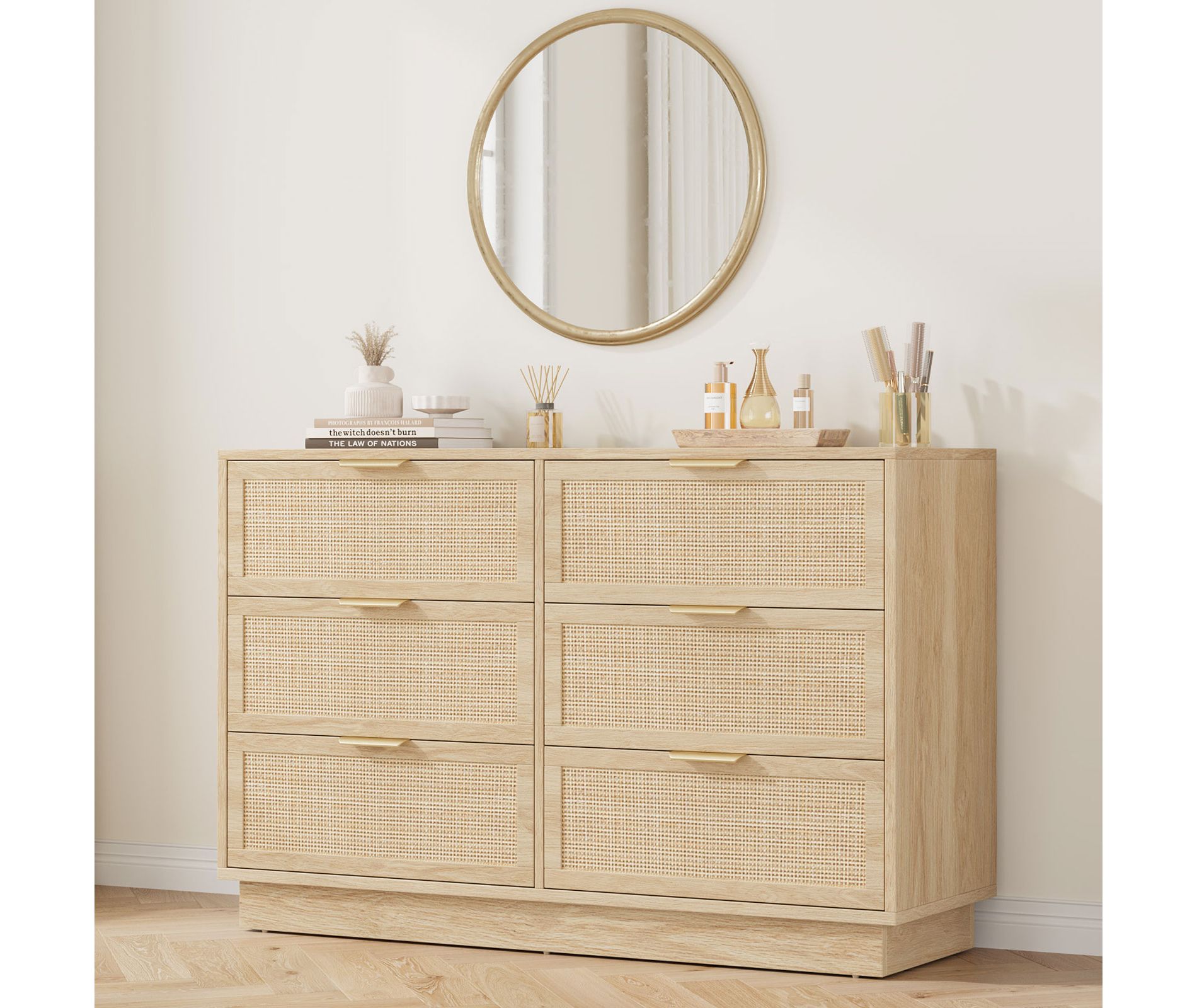 Rattan 6 Drawer Dresser, 47in Wide Natural Oak 6 Chest of Drawers with Metal Handles and Wooden Sturdy Base for Bedroom Living Room Nursery