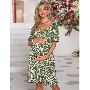 Floral Maternity Dress Square Neck Puff Sleeve Smocked Boho Photoshoot Baby Shower Pregnancy Dresses - 1 of 4