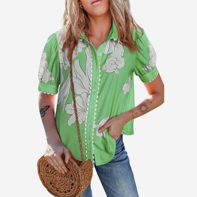 Amaryllis Women’s Puff Sleeve Collared Button Front Blouse Scalloped Trim Oversized Floral Print