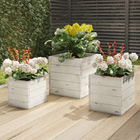 Fiber Clay - 3-piece Varying Height Square Wood Look Pot Set With Drainage Holes For Herbs, Or Flowers By Pure (off-white) Target