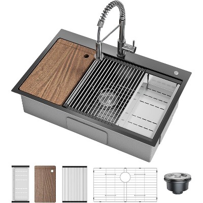 24x18 Inch Drop In Kitchen Sink, Stainless Steel Kitchen Single Bowl Sinks, Top Mount Workstation Sink, 2 Piece Set, with Pull-Down Faucet, Silver