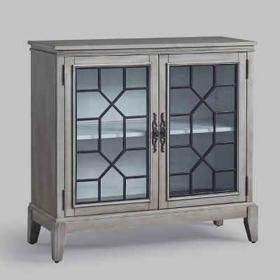 Grey 36 inch Wide Vintage Style Accent Cabinet with Glass Doors and Solid Wood Legs
