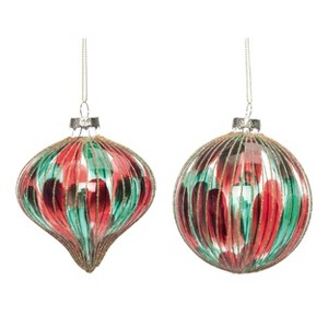 Transpac Glass Regal Red/Green Striped Ornament Set of 2 Christmas Home Decorations - 1 of 1