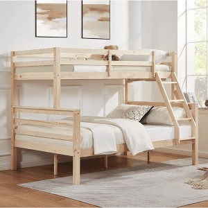 MAYEERTY Twin over Full Bunk Bed with Ladder, Wooden Bed Frame with High Guardrail and Ladder for Kids, No Box Spring Needed, Natural - 1 of 4