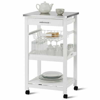 Costway Rolling Kitchen Trolley Cart Steel White Top Removable Tray W/Storage Basket &Drawers