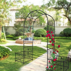 Metal Garden Arch with two plant stands 79.5'' Wide x 86.6'' High Climbing Plants Support Rose Arch Outdoor Black - 1 of 1