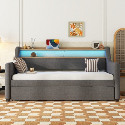 Twin Size Daybed with Storage Drawers, Upholstered Daybed with Charging Station and LED Lights, Twin Size PU Leather Daybed Sofa Bed, Gray Linen