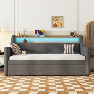 Twin Size Daybed with Storage Drawers, Upholstered Daybed with Charging Station and LED Lights, Twin Size PU Leather Daybed Sofa Bed, Gray Linen - 1 of 4