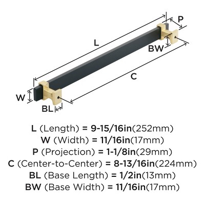 8-13/16 Inch Brushed Matte Black and Gold Bar Pull