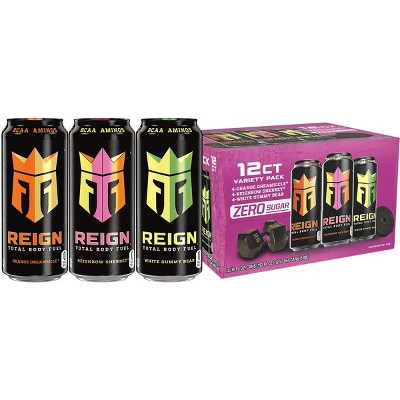 Reign Total Body Fuel Variety Pack, Reign Orange Dreamsicle, Reign Reignbow Sherbet, Reign White Gummy Bear - 16 Fl Oz (Pack of 12)
