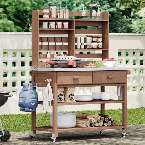 64.9"H Outdoor Potting Bench Table, Solid Fir Wood Kitchen Island with Stainless Steel Top, Upper Hutch & Storage - ModernLuxe - 1 of 4